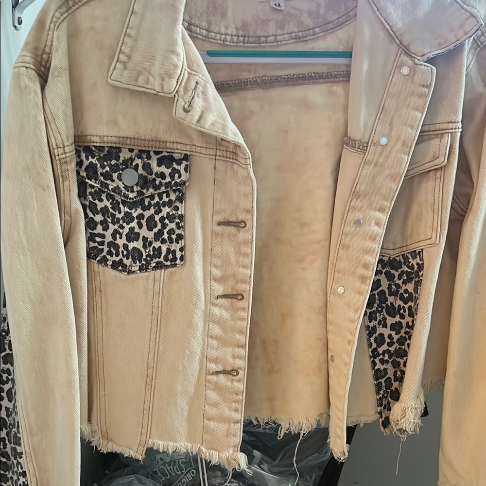 POL Tan and Brown Jean Jacket with Leopard Accents